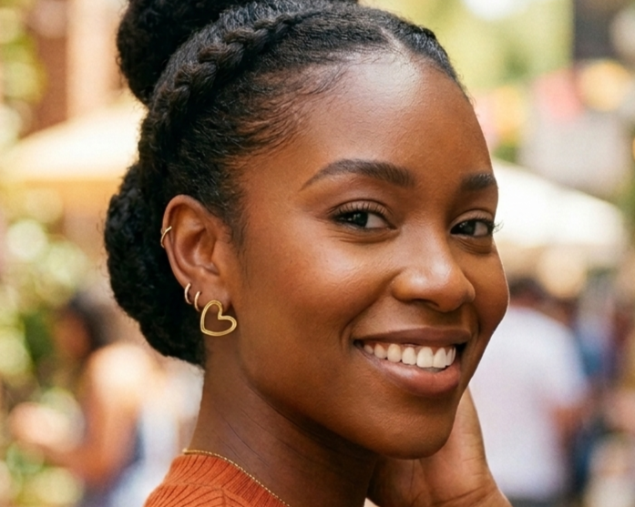 Brinco Dourado Coração Vazado Aço Inoxidável mulher negra