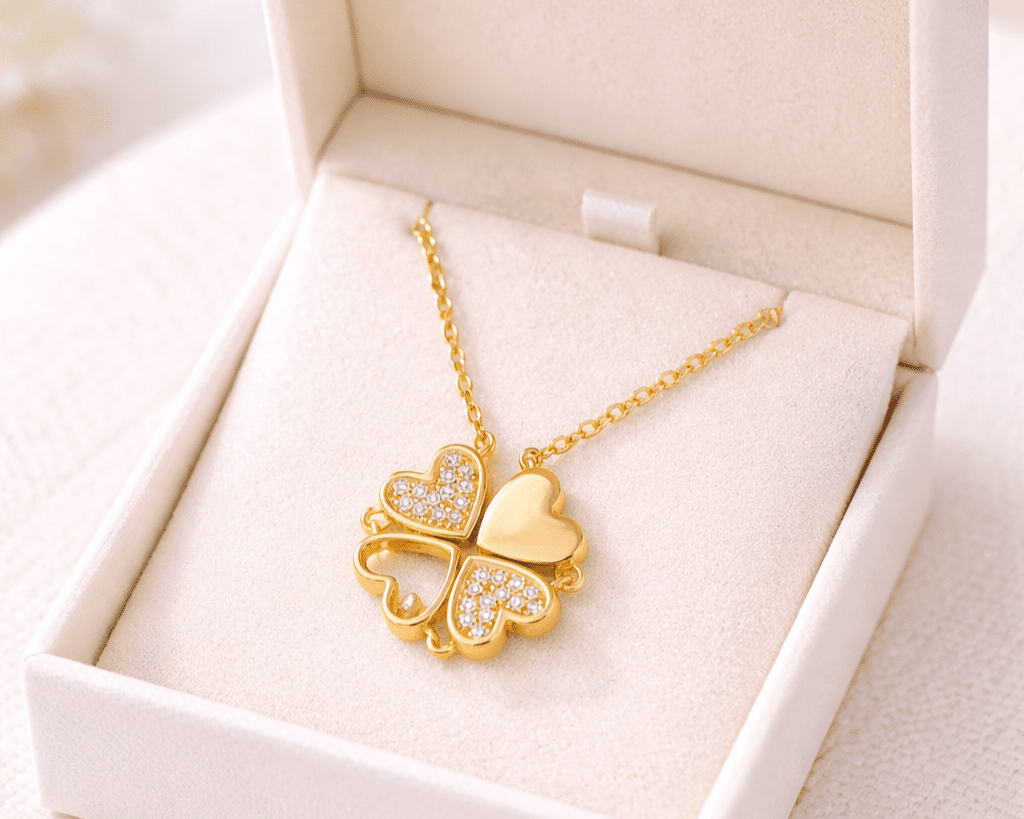 Colar Coração de Trevo em Aço Titânio Gold caixa