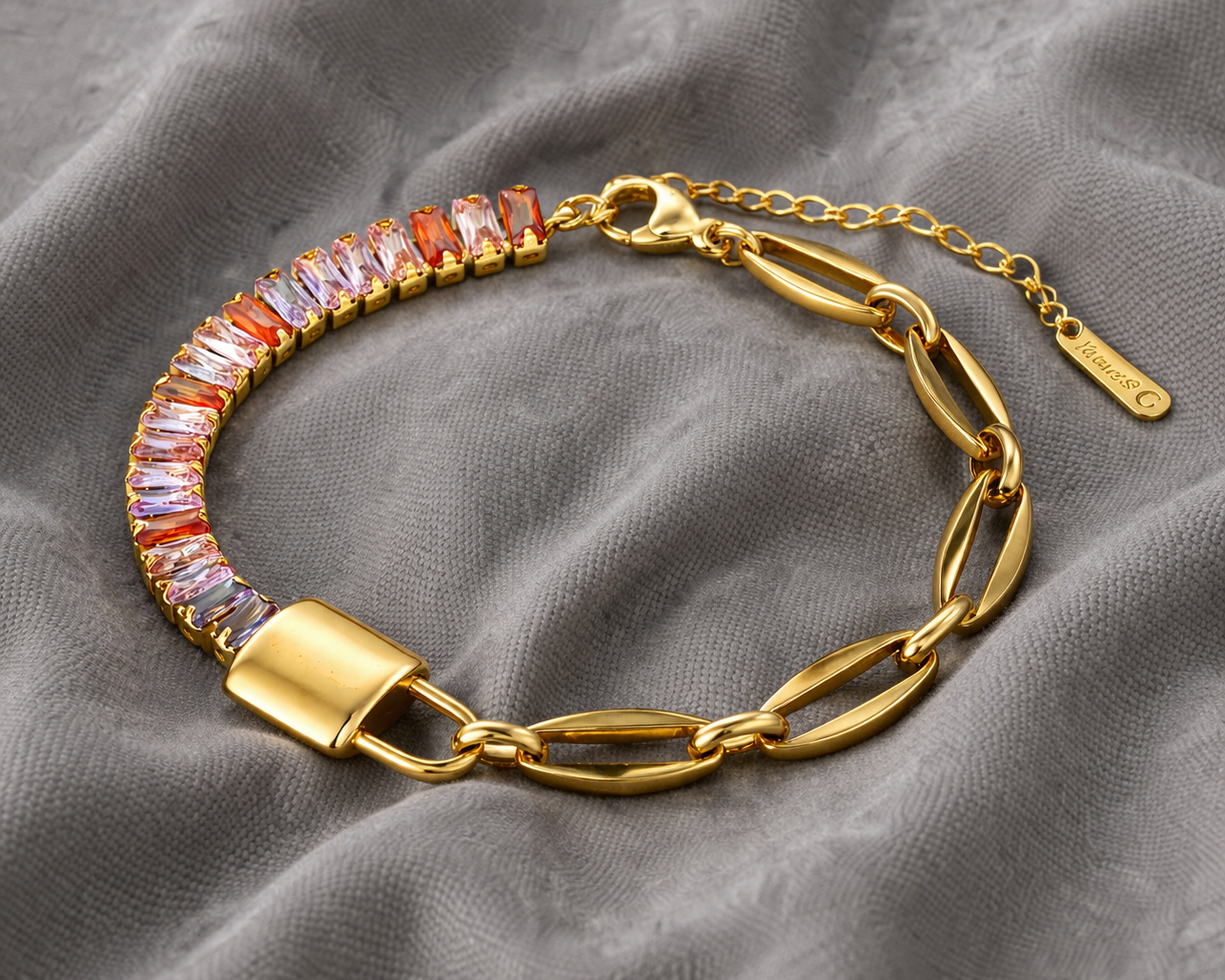 pulseira cadeado com pedras rosa