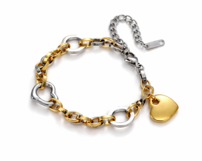 Pulseira de Aço Inoxidável Bicolor Heart Feminina 28g Resistente