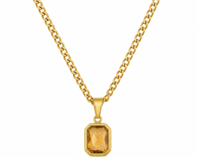 Colar Dourado com Pendente Cristal Âmbar – Aço Inoxidável 18K